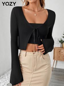 YOZY Plain Tie Front Flounce Sleeve Crop Cardigan, Casual V Neck Long Sleeve Knitwear, 2024 Women's Autumn & Winter Outfits for Daily Wear