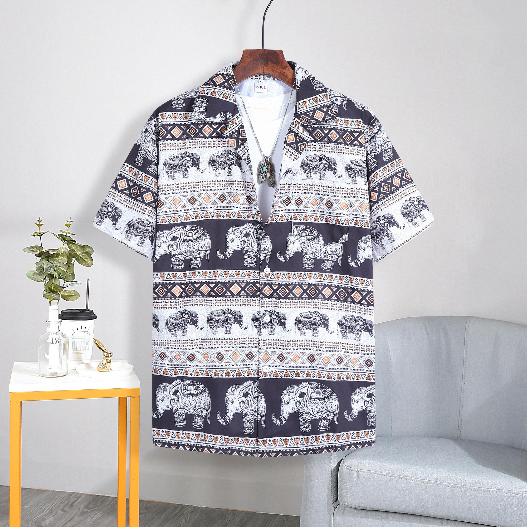 Hawaiian shirt with a vintage-style elephant jasmine print, loose fit, comfortable to wear.