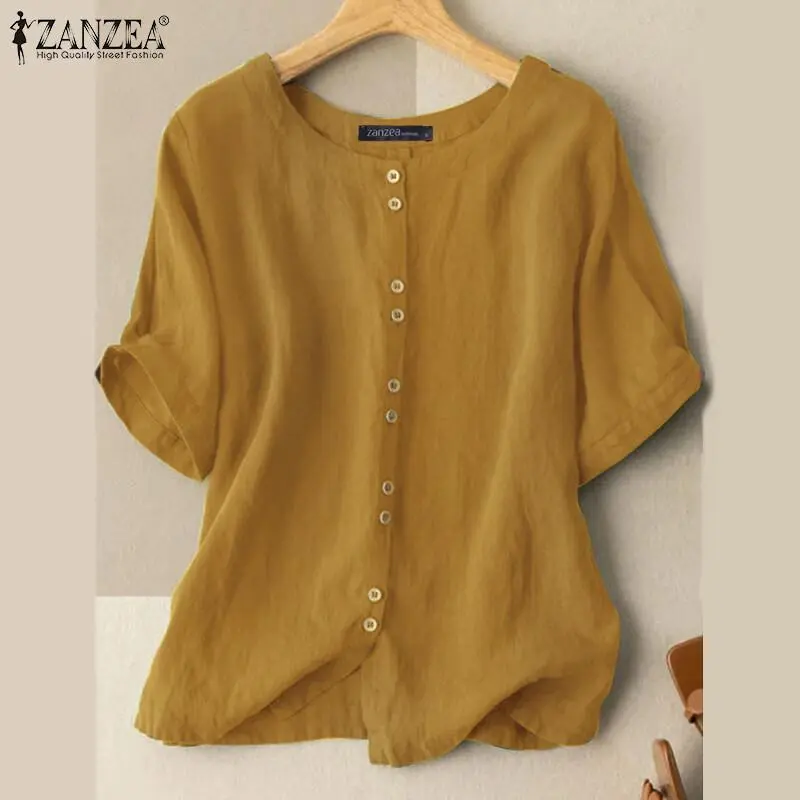 ZANZEA Women Short Sleeve Button Up Shirt Summer Casual Loose Solid Blouse Tops（Local logistics）*