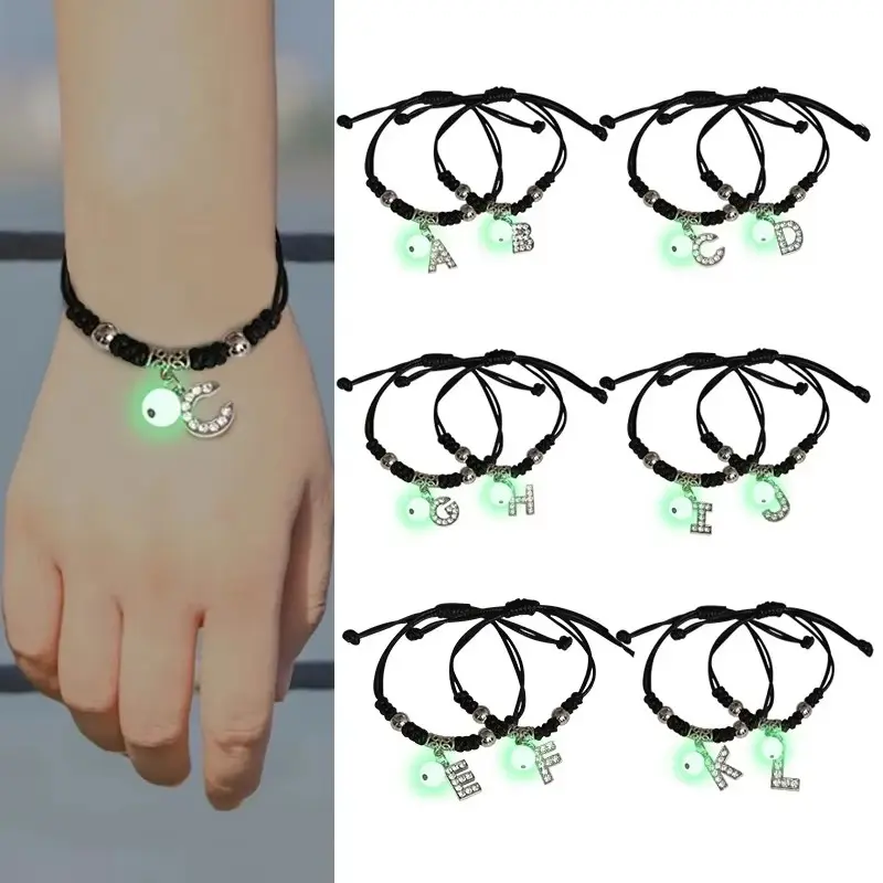 สร้อยข้อมือตัวอักษรภาษาอังกฤษ, เรืองแสง A-Z, เสน่ห์คู่, ทำด้วยมือ, เชือกปรับได้, เรืองแสงในที่มืด, เครื่องประดับความรักไม่มีที่สิ้นสุด, เหมาะสำหรับเป็นของขวัญ
