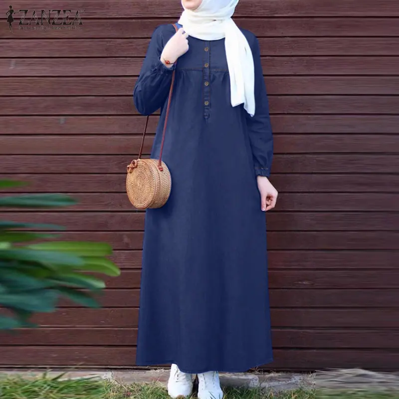 Gaun Denim Wanita Muslimah, Gaya Vintaj, Leher Bulat, Lengan Tanglung, Warna Pepejal, Gaun Maxi, ZANZEA* - TikTok Shop Malaysia Gaun Denim Wanita Muslimah, Gaya Vintaj, Leher Bulat, Lengan Tanglung, Warna Pepejal, Gaun Maxi, ZANZEA* - TikTok Shop Malaysia
