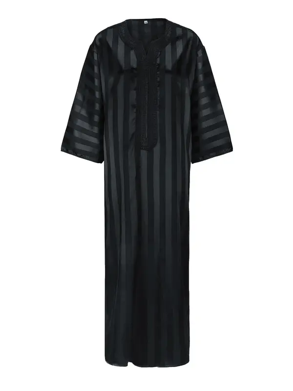 Men's Striped Embroidery Long Sleeve Robes, Loose Casual Comfy Three Quarter Length Sleeve Robe for Daily Wear, Muslim Clothing for Spring & Fall 7