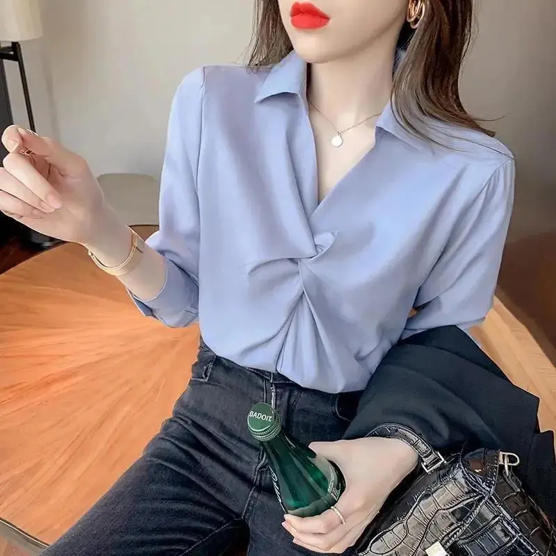 Áo Sơ Mi Lụa Giả Cho Nữ, Áo Dài Tay, Thiết Kế Mới, Thời Trang Đặc Biệt, Đa Năng, Duyên Dáng, Lớp Cơ Sở, Mùa Xuân 5