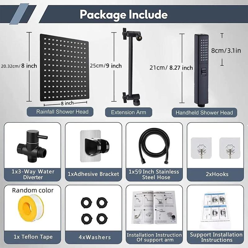Stainless Steel Shower Head, 1 Set Including Rainfall Shower Head & Handheld Shower Head & Extension Arm & Accessories, Shower Supplies for Bathroom 2