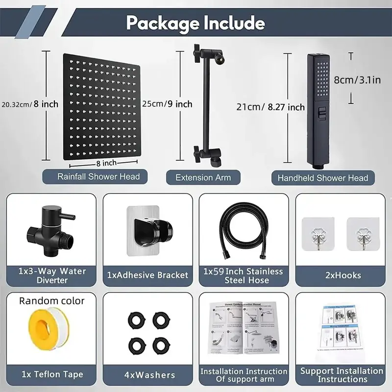 Stainless Steel Shower Head, 1 Set Including Rainfall Shower Head & Handheld Shower Head & Extension Arm & Accessories, Shower Supplies for Bathroom 2