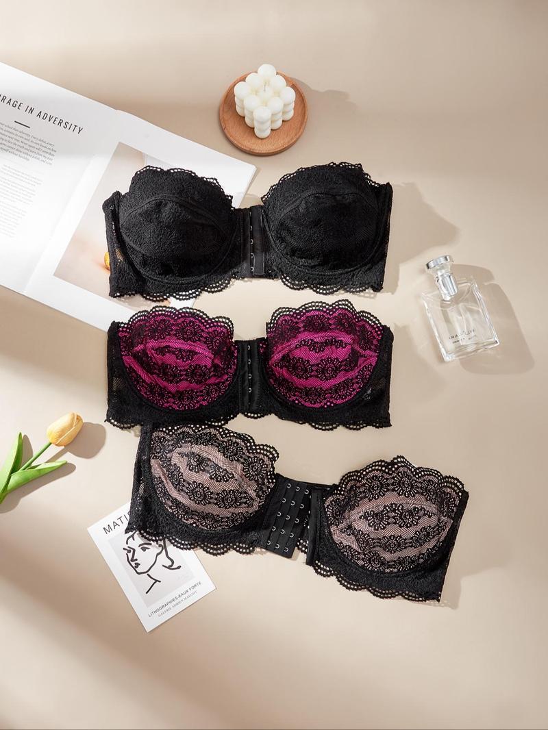 Product Introduction of 【Plus Size】 Women's Solid Color Lace Scallop Trim Push Up Front-Closure Bra, Soft Breathable Comfortable Underwire Backless Bra with Removable Transparent Straps for Daily Wear, Women's Lingerie for All Seasons 9