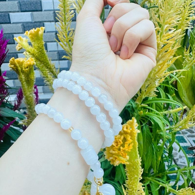 ￼Chuỗi Vòng tay đá mã não trắng TEEGEM mix Lu thống và túi tiền may mắn 2