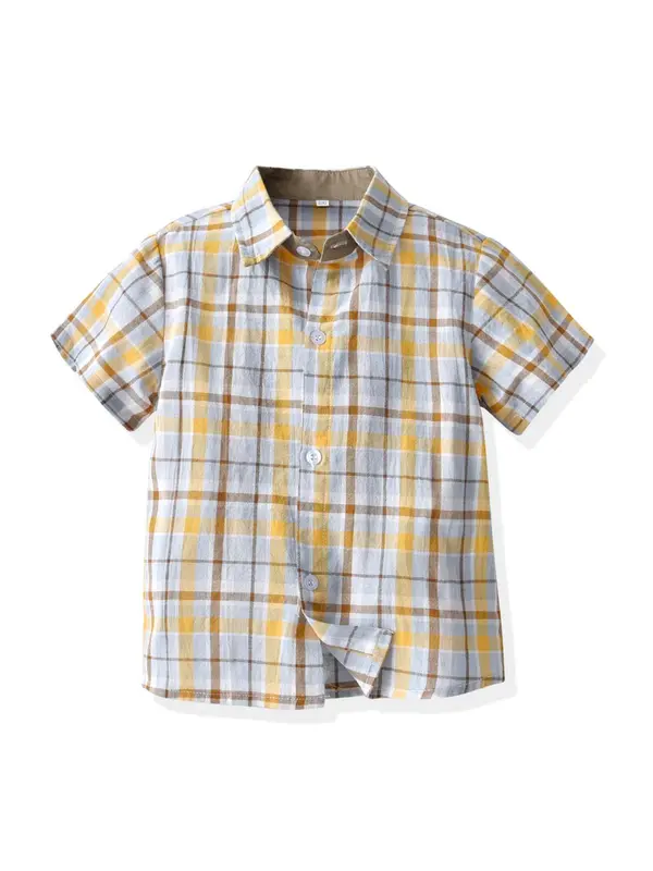 Toddler Boy's Plaid Print Button Shirt, Casual Short Sleeve Collar Shirt for Summer, Kids Clothes for Daily Wear 0