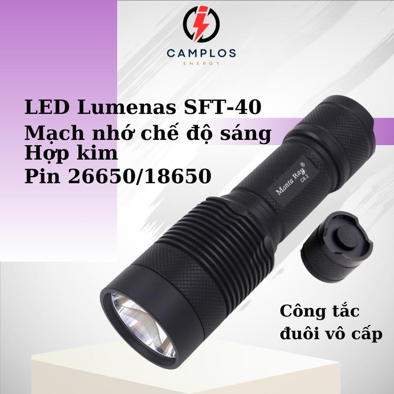 Đèn pin siêu sáng Manta ray C8.2 2600 lumen đèn bin chiếu xa led sft40 21w vỏ nhôm chống nước công tắc đuôi mách nhớ 7A