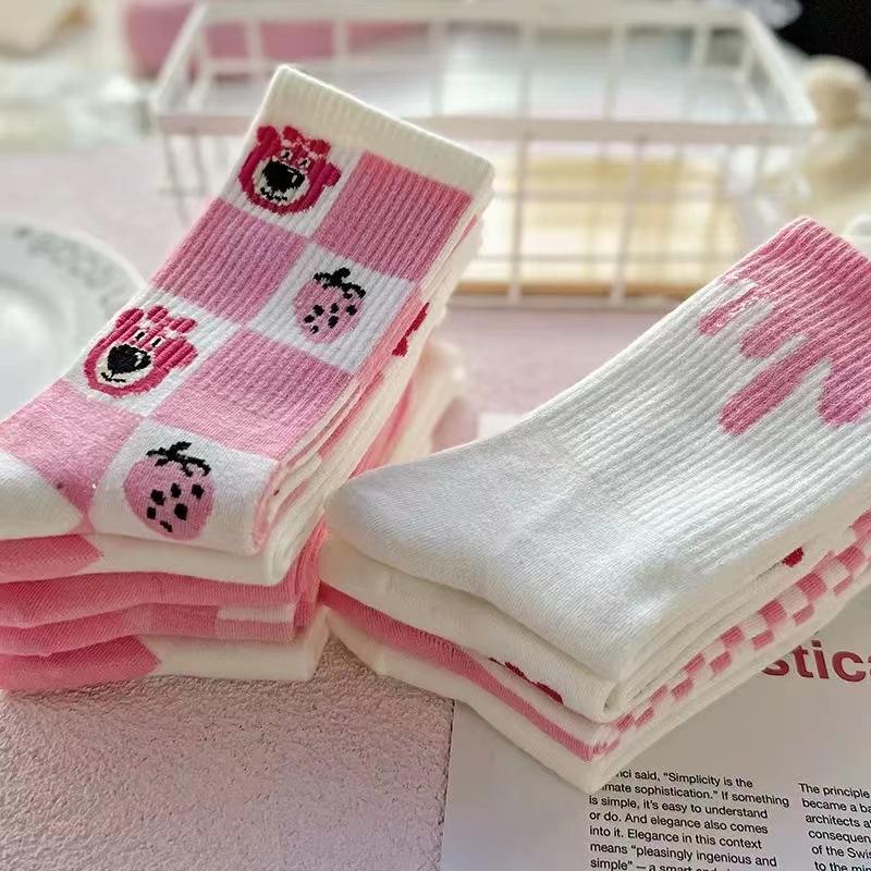 Pink Bear Cartoon Cute Sweet College Style Autumn Winter Stockings Women 7