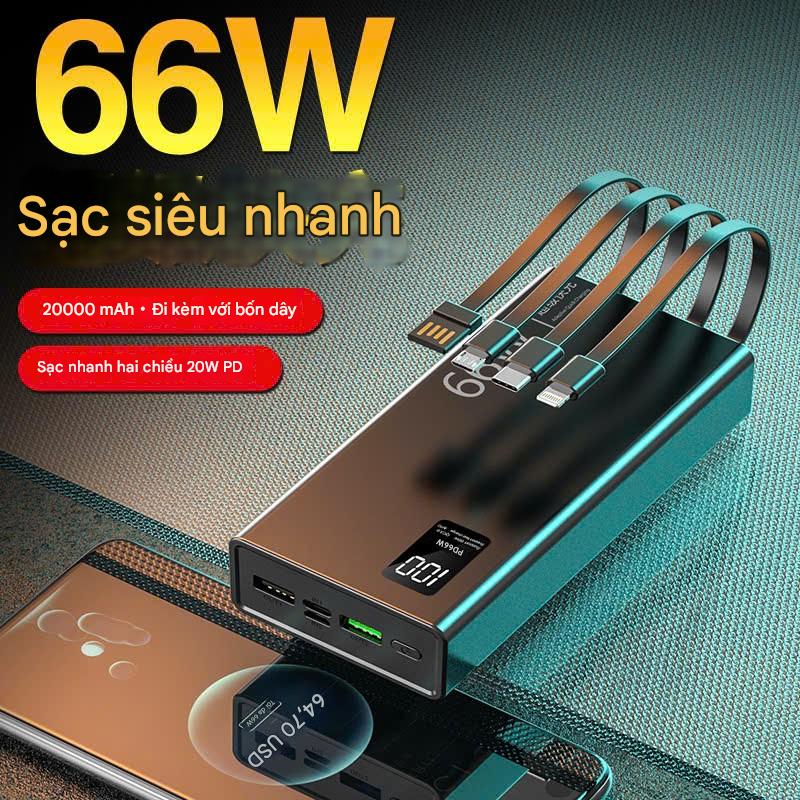 ASALAVN Sạc Dự Phòng 20.000mAh - Sạc Nhanh 66W, Thiết Kế Nhỏ Gọn, Tương Thích Sạc Nhiều Dòng Điện Thoại, Sạc Được 3-4 Lần ĐT Tích Hợp 3 Dây Sạc, Sạc Siêu Nhanh, Bảo Hành 6 Tháng màn hình hiện thị % PIN Pin Dự Phòng Sạc Pin Đèn