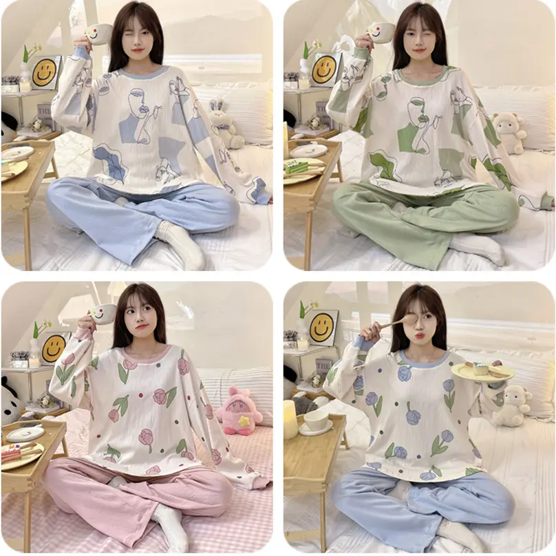 Bộ đồ cotton dài tay nhăn mùa xuân và thu 2024 bán chạy ở nước ngoài, chất lượng cao, thoải mái, cotton nguyên chất, bộ đồ mặc nhà cổ tròn cho nữ