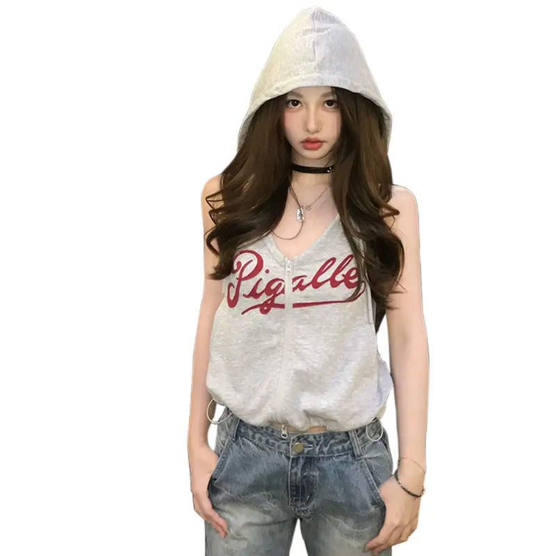 Áo Ba Lỗ Có Mũ Trùm Đầu, Dành Cho Nữ, In Chữ, Hở Lưng, Zipper Trước, Áo Sơ Mi Không Tay Thích Hợp Cho Thể Thao, Trang Phục Thường Ngày Và Thời Trang Đường Phố