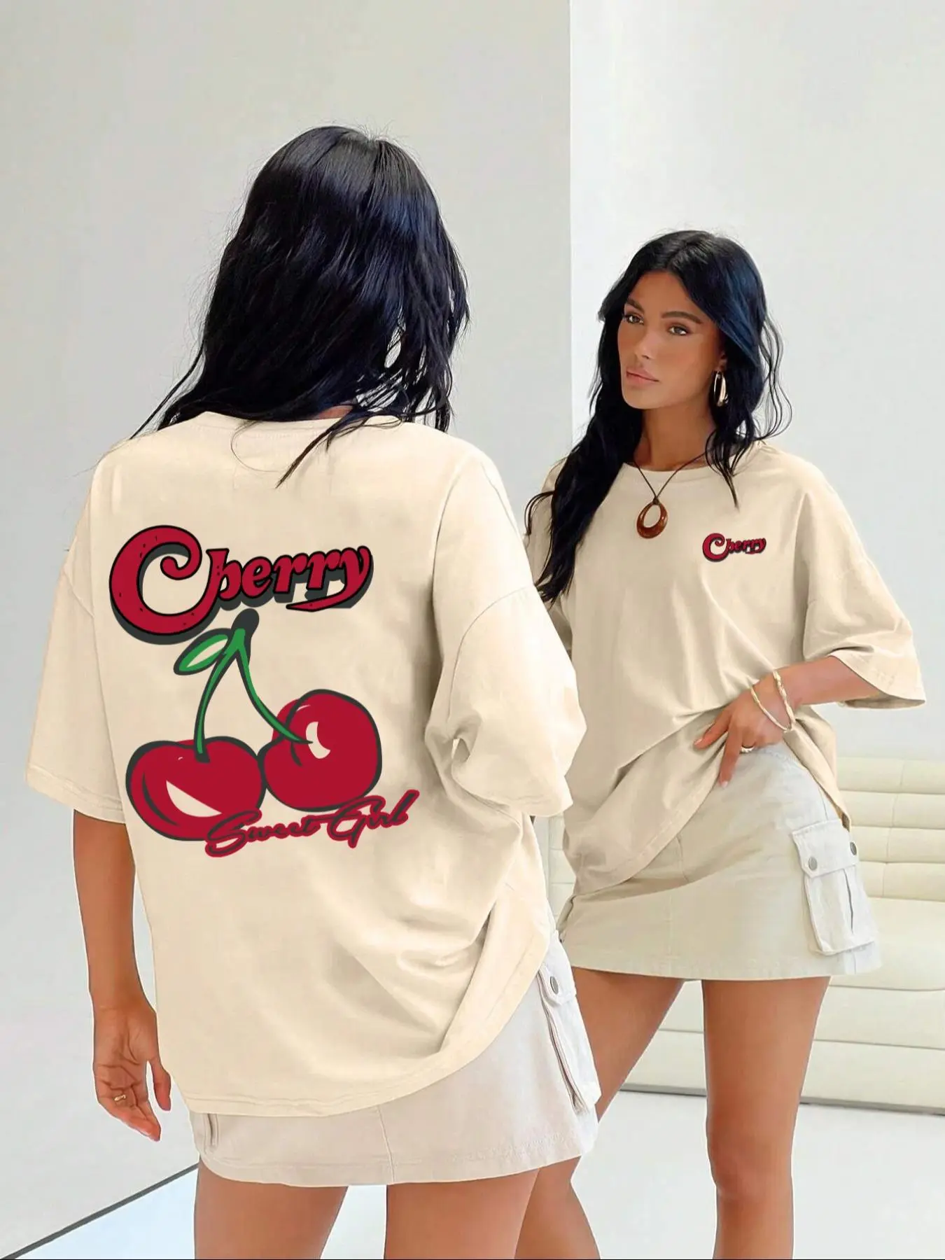 Women's Cherry & Letter Print Drop Shoulder Tee, Casual Half Sleeve Round Neck T-shirt for Summer, Fashion Women's Top for Daily Wear