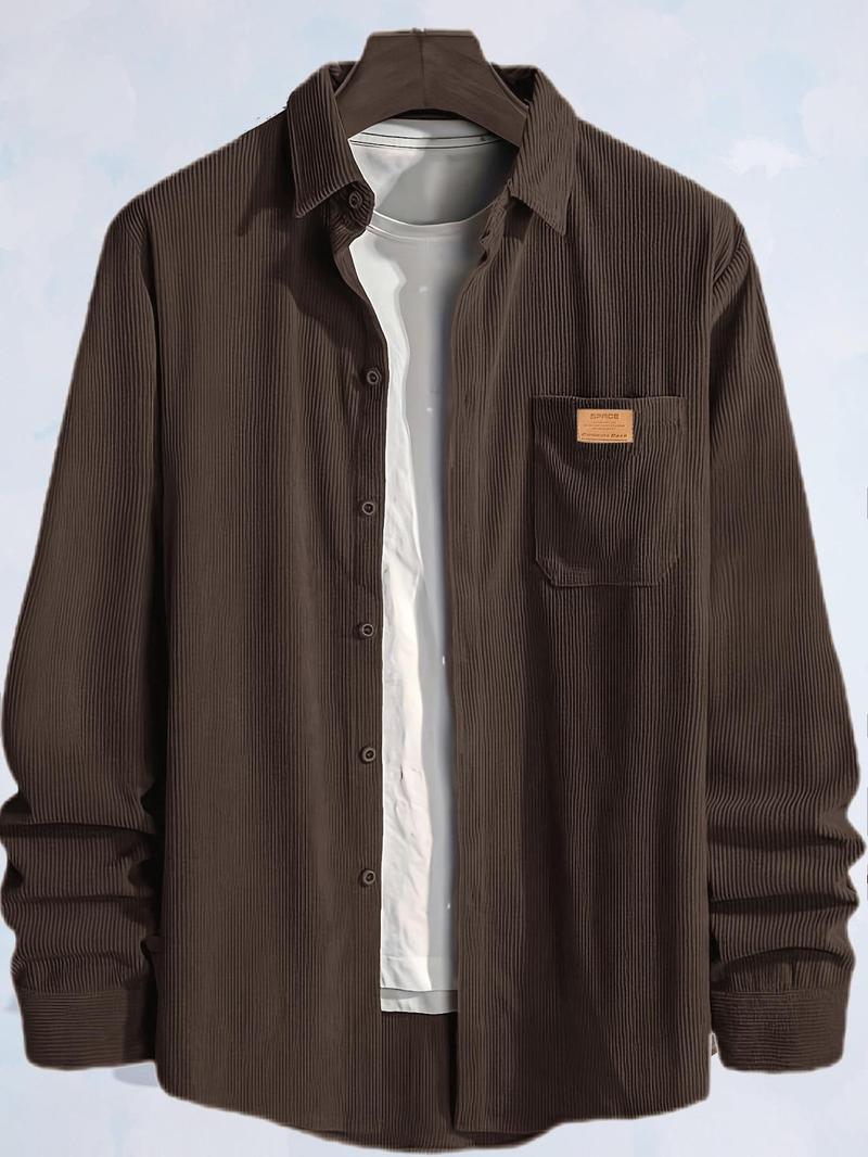 Product Introduction of Men's Plain Letter Patched Corduroy Jacket without Tee, Casual Button Front Pocket Jacket for Fall & Winter, Men's Outerwear for Daily Wear, Coat 3
