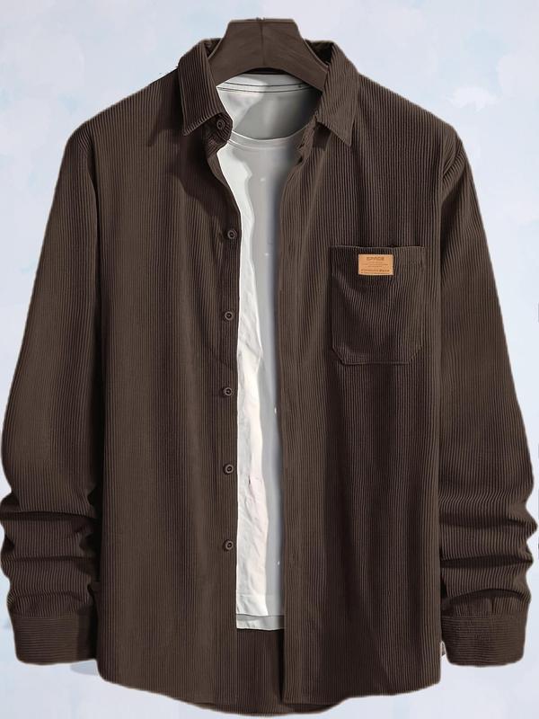 Men's Plain Letter Patched Corduroy Jacket without Tee, Casual Button Front Pocket Jacket for Fall & Winter, Men's Outerwear for Daily Wear, Coat 1