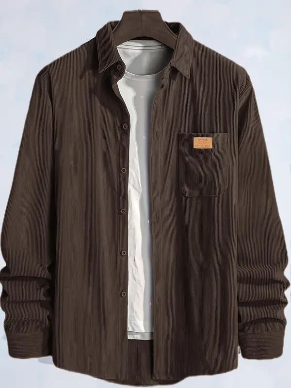 Men's Plain Letter Patched Corduroy Jacket without Tee, Casual Button Front Pocket Jacket for Fall & Winter, Men's Outerwear for Daily Wear, Coat 1