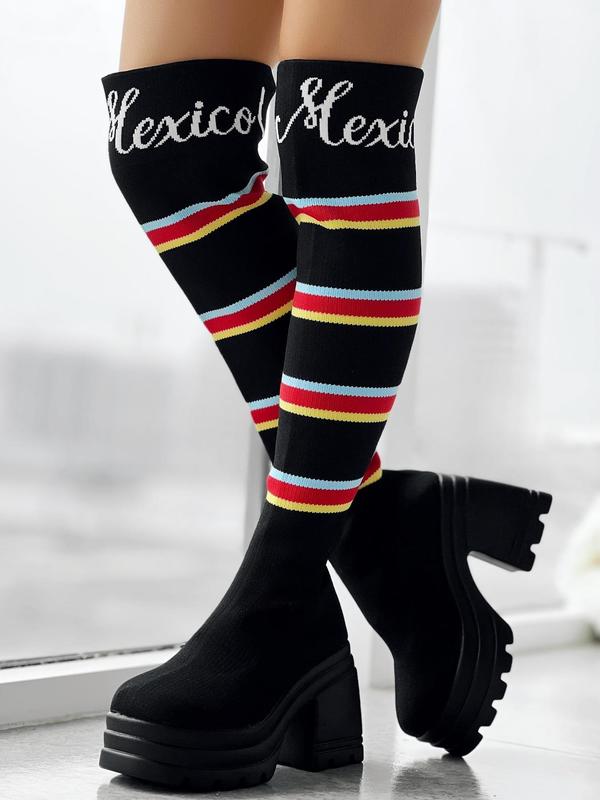 Women's Fashion Striped Print Over-the-knee Boots, Punk Style High Heel Boots for Fall & Winter, Trendy Letter Print Chunky Heel Boots 2
