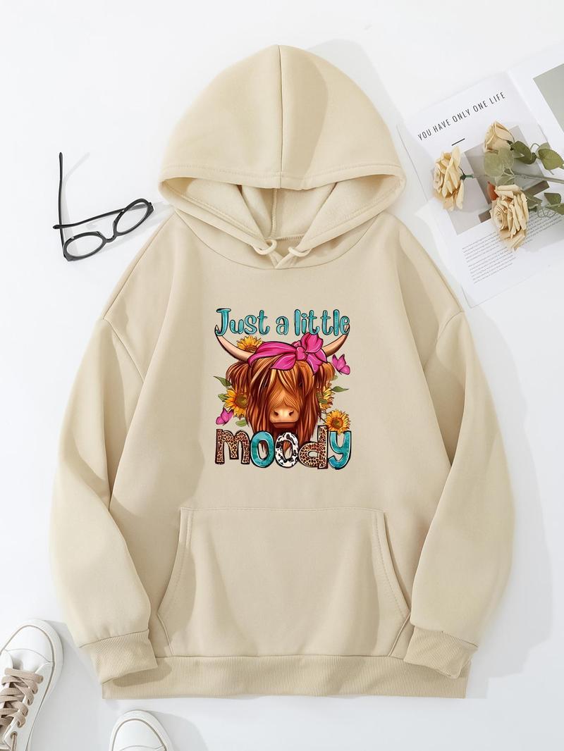Product Introduction of Plus Size Cartoon Cow & Letter Print Drop Shoulder Hoodie, Fashion Casual Drawstring Pocket Hooded Sweatshirt for Daily Holiday Outdoor Wear, Women Plus Clothing for Fall & Winter 7