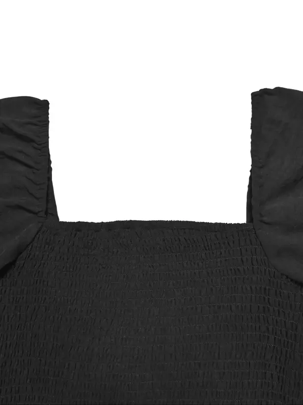 Women's Solid Shirred Bishop Sleeve Square Neck Jumpsuit, Casual Pocket Wide Leg Jumpsuit for Fall, Women's Jumpsuit for Daily Wear 4