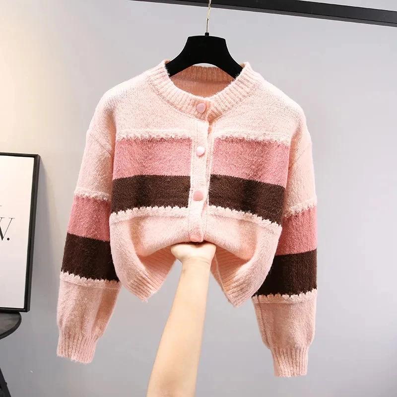 Product Introduction of Multicolor striped lantern sleeve knit loose single breasted women's cardigan sweater coat for women clothing Autumn Winter Knitwear Womenswear 5
