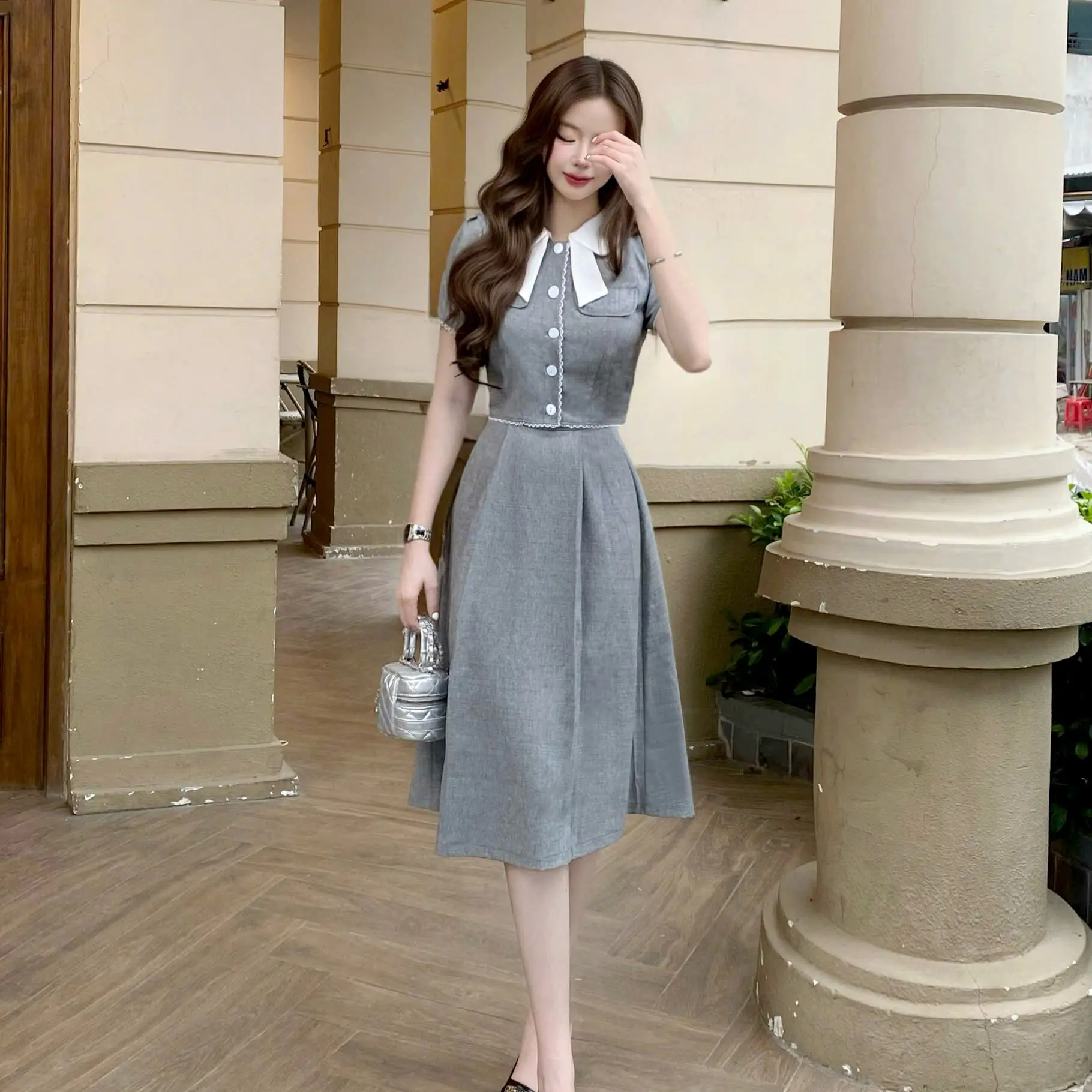 Set chân váy áo thiết kế cao cấp sang trọng xám đẹp thanh lịch áo cổ sơ mi tay ngắn chân váy dài dáng xòe đi tiệc đi làm Lux W Fashion