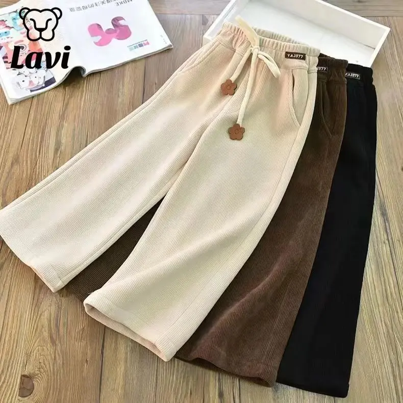 Quần Bé Gái, Quần Nỉ Một Mảnh, Quần Ống Rộng, Dáng Suông Rộng, Dành Cho Trẻ Em Lớn, Quần Thường Ngày Vải Nhung Kẻ, Thích Hợp Cho Mùa Xuân Và Mùa Thu