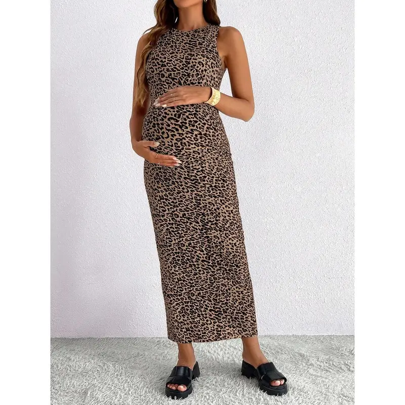 NINICARE Maternity Leopard Print Sleeveless Round Neck Dress 6