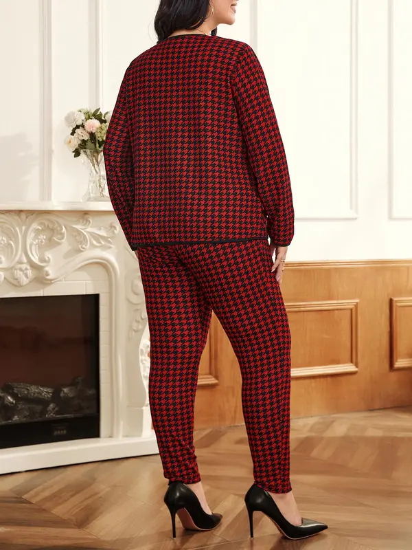 CURVZY Plus Size Two-Piece Set Houndstooth Print Pocket Top & Pants, Casual Long Sleeve Open Front Outerwear & Pocket Trousers for Daily Wear, Women's Two-piece Outfits for Spring & Fall 1