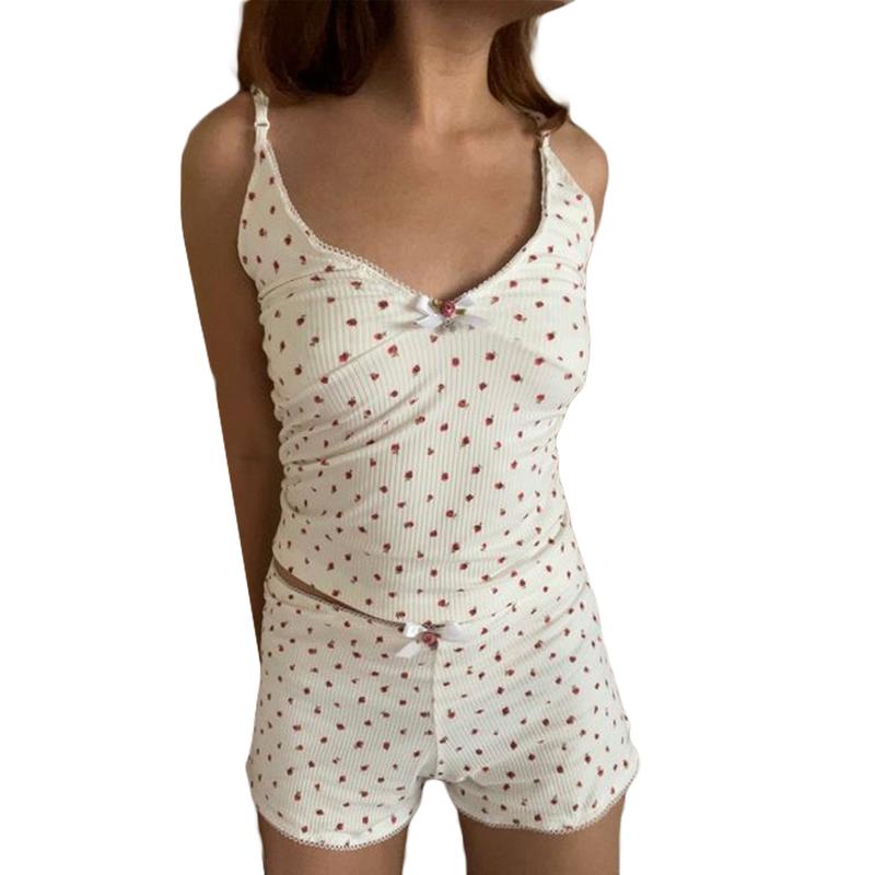 Women Pajama Set, Flower Print Sleeveless V-neck Camisole with Shorts 0