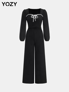 YOZY Women's Tie Front Square Neck Ribbed Jumpsuit, Casual Long Sleeve Jumpsuit for Daily Wear, Ladies Clothes for All Seasons