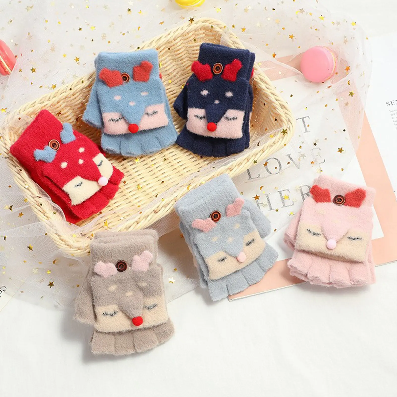 2-7 Years Cartoon Fox Children Gloves Winter Girls Knitted Half Finger Flip Gloves Cartoon Flip-Top Half Finger Plush Thick Warm Gloves Knitted Gloves Children Mittens