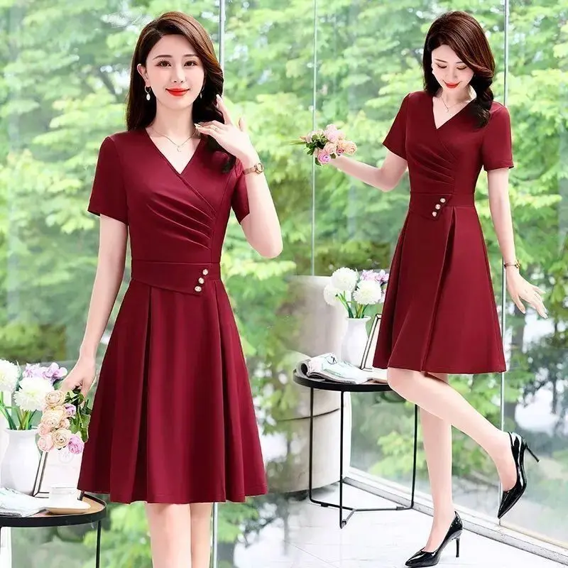 Váy Cổ Chữ V, Hàng Mới Về Mùa Hè, Thời Trang Nữ, Dễ Phối Đồ Thanh Lịch, Phong Cách Phương Tây, Trông Trẻ Trung, Bó Sát Eo, Ôm Sát, Váy Dài Trung Bình