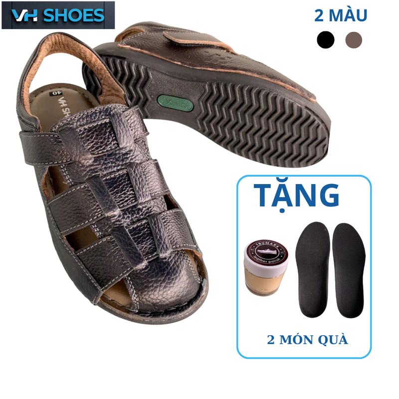 Dép Nam Xăng Đan Da Bò Trung Niên VH Shoes - Đế Chống Trượt Mã Số V 2254 - Sandal - Đế Bằng
