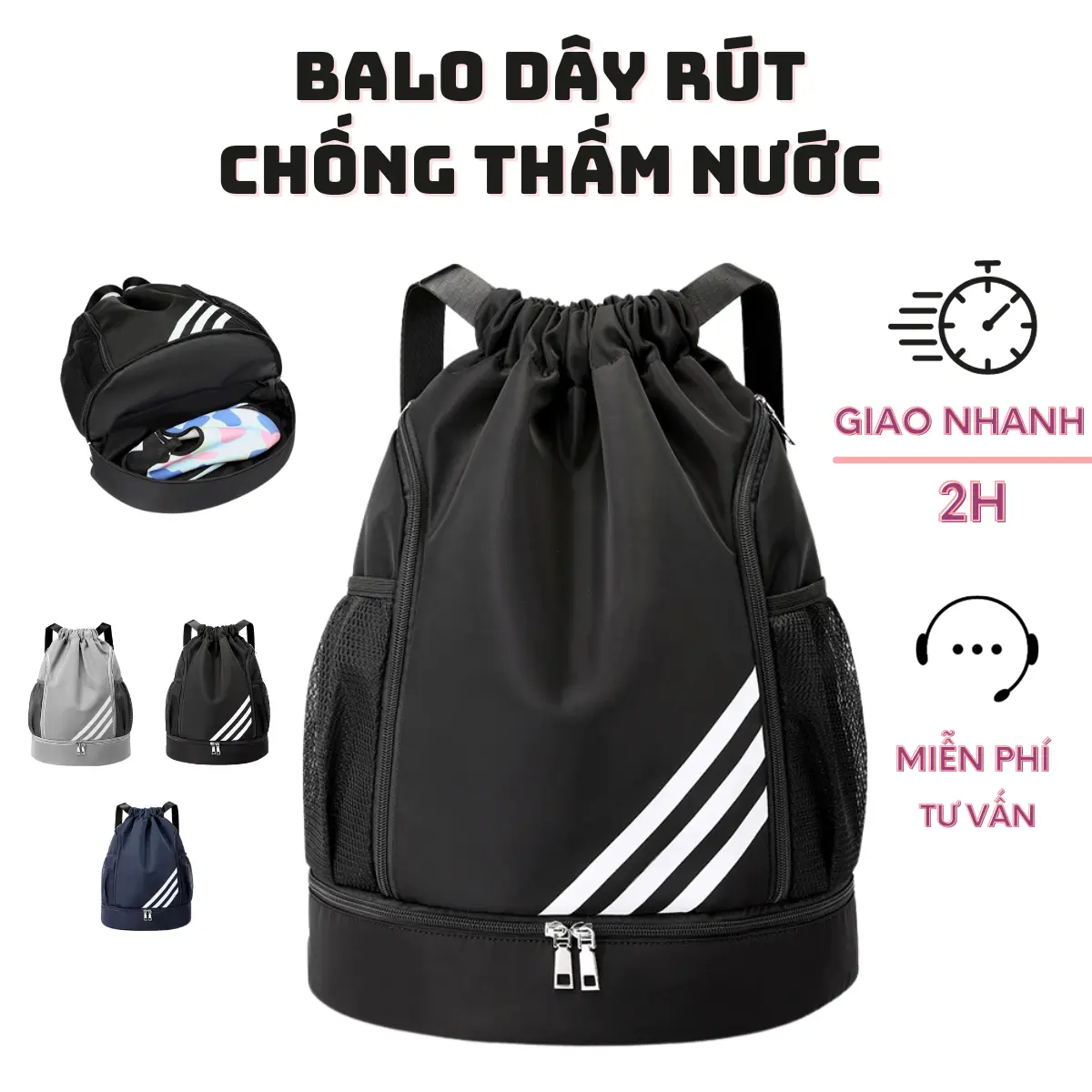 Balo Dây Rút, Bag, Túi Thể Thao Chống Nước Có Ngăn Đựng Giày Chơi Bóng Đá, Thể Thao, Tập Gym Sport Nam