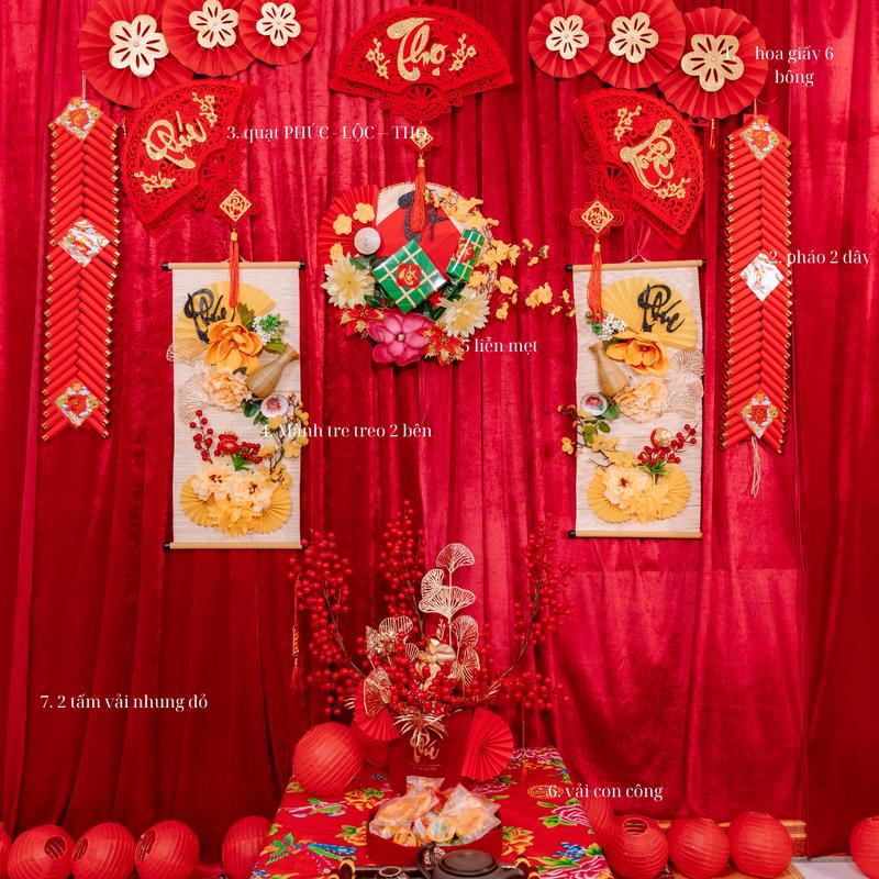 Bộ Decor Trang Trí Tết 2025 Full Phụ Kiện Khổ 3m2x2m2 [ Bao Gồm  Phông Vải Đỏ 3m2 x 2m2 - Phông Vải Trải Bàn Con Công 1m5x1m5 - Chậu Hoa Đào Đông] - KHÁCH HÀNG ĐỌC KỸ PHẦN PHỤ KIỆN RỒI MUA NHÉ
