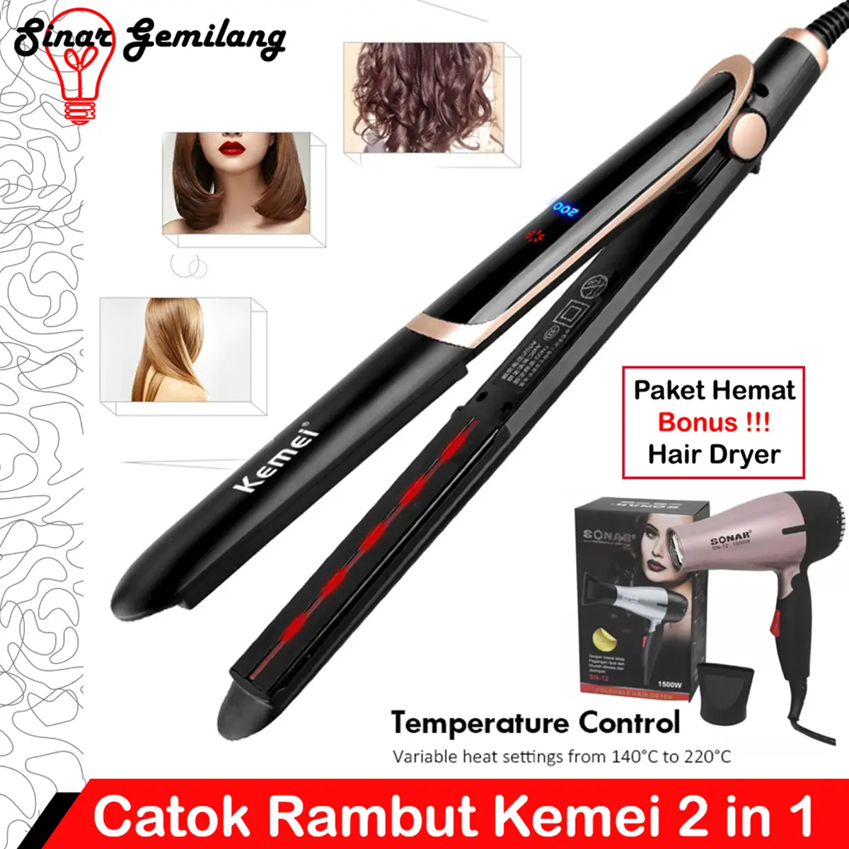 Paket Catok Rambut Dan Hairdryer Kemei KM-2219 Infrared Catokan Curly & Pelurus  Rambut 2 in 1