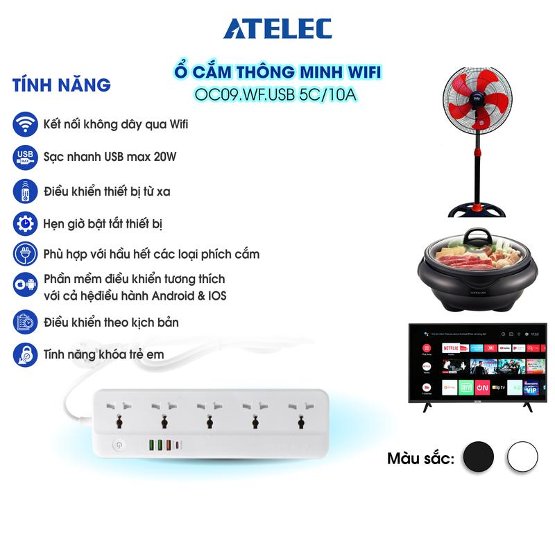 (23) Ổ cắm wifi dài thông minh ATELEC OC09 - 5 cổng - Kết nối không dây qua Wifi, Điều khiển độc lập qua APP Sạc nhanh USB max 20W 0