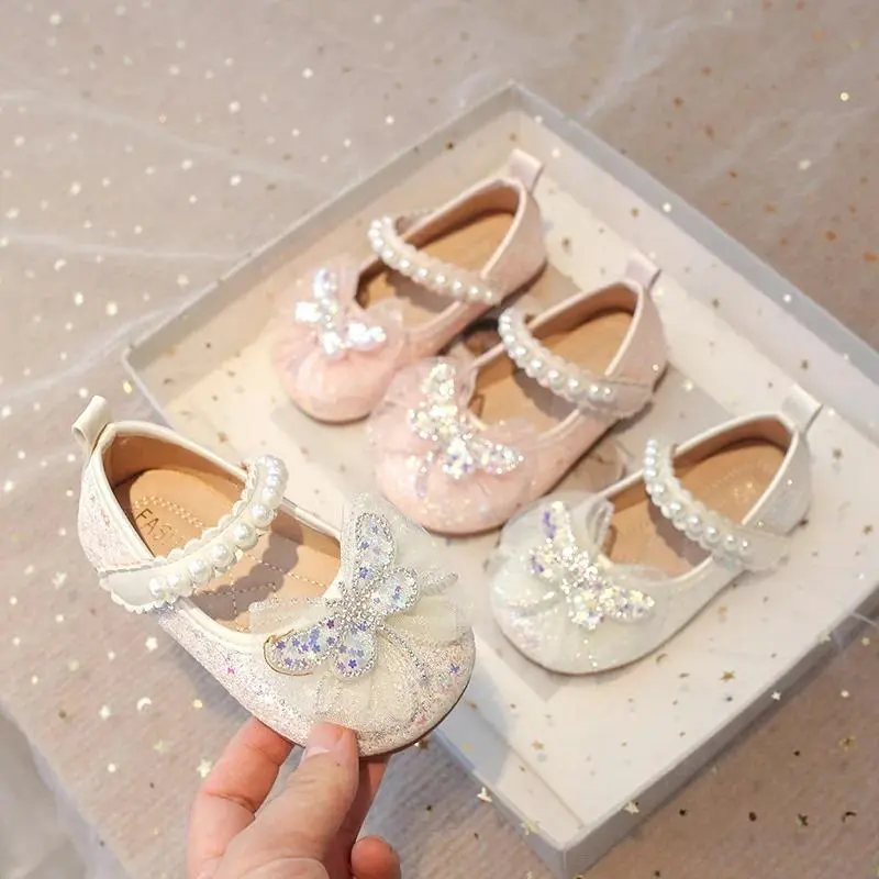 Girls Glitter Shoes Crystal Flats for Wedding Party Kids Sequined Butterfly-knot  with Lace Princess Sweet Children Mary Janes