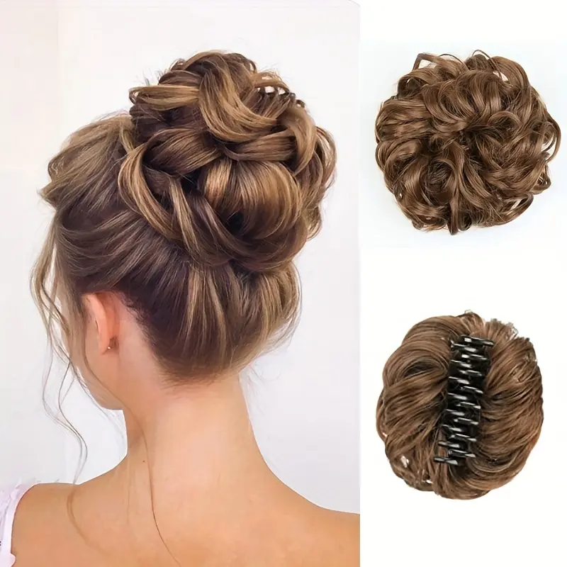 Claw Clip In Bun Hair Piece Tousled Updo Hairpiece For Women Wavy Curly Scrunchies Claw Clip In Hair Bun Synthetic Chignon Claw Clip With Hair Attached Hair Accessories Hair