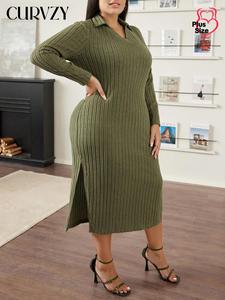 CURVZY Plus Size Solid Color Ribbed Split Thigh Autumn Aesthetic Collared Dress, Plus Casual Long Sleeve Bodycon Midi Dress for Fall, Women's Plus Clothing for Daily Wear