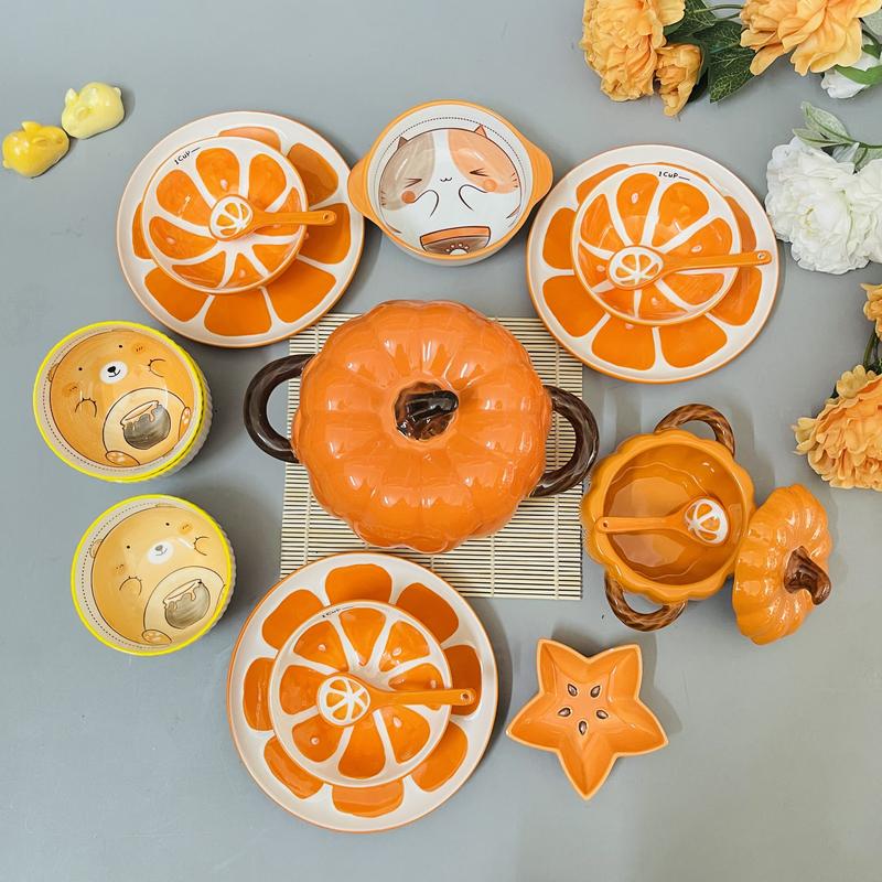 Bát Đĩa Gốm Sứ Decor, Bát Ăn Cơm, Bát Ăn Chè, Chén Dĩa Dễ Thương Bộ Bát Đĩa Sét Bát Đĩa Cam 16 Món 0