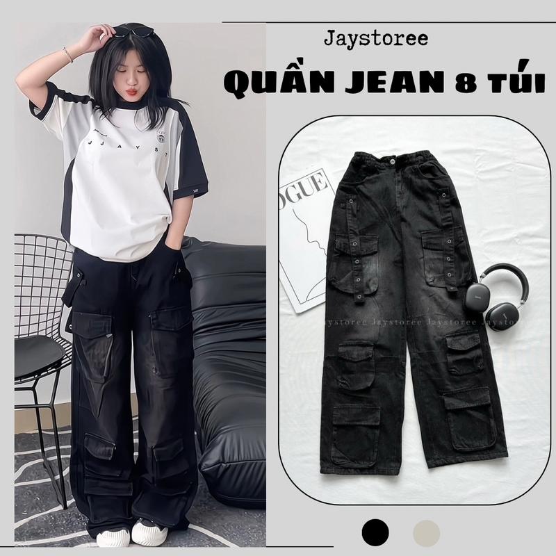Quần Cargo Jean 8 TÚI HỘP wash XÁM ĐEN dài suông ống rộng túi hộp trơn form nam nữ unisex Jaystoree Menswear Pants Có Túi