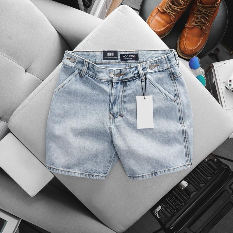 Quần short đùi jean nam cotton ống suông trên gối đai nút hàng VNXK Menswear Có Túi Pants