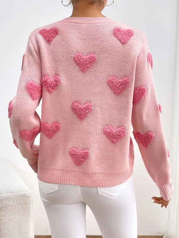 Women's Minimalist Heart Print Drop Shoulder Crewneck Sweater Tops, Basic Casual Long Sleeve Round Neck Knitting Jumper for Fall & Winter, Valentine's Day Gift, Womenswear 1
