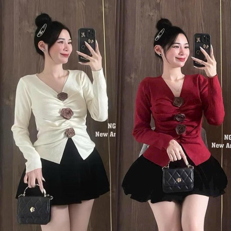 Set Tiểu Thư Bigsize (CỎ LẺ ÁO / VÁY) Áo Thun Cổ V Tay Dài Đính Nơ Điệu Đà Phối Váy Bí Dễ Thương, Chất Vải Mềm Mịn Cho Nữ Chuppy (50-95kg) Women