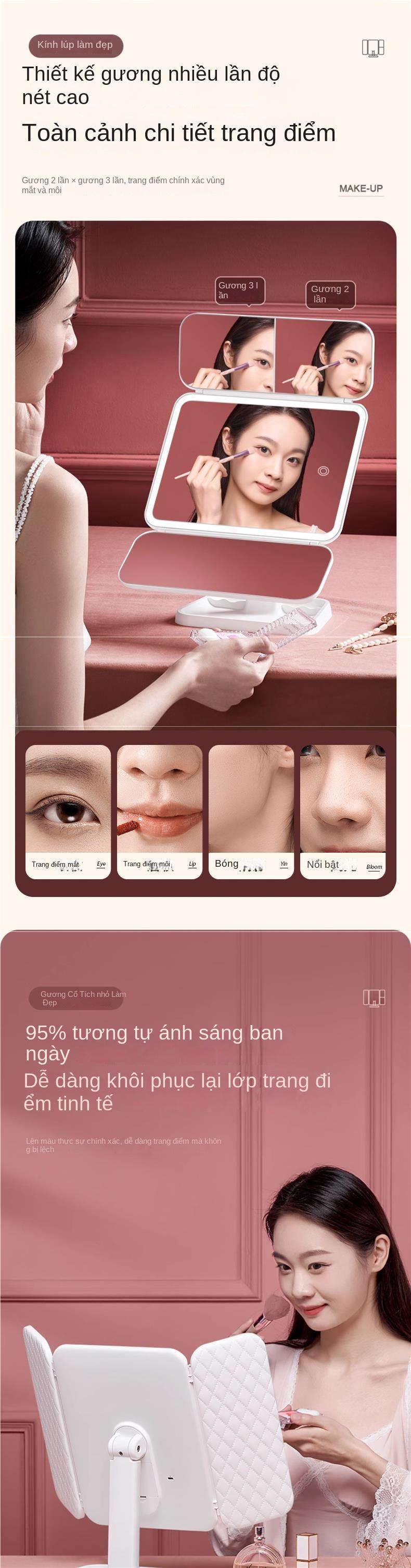 Product Introduction of Gương để bàn, QIANGTS, Đèn LED 3 màu, Trang điểm, Cửa gấp làm đẹp, 2 cánh, Chức năng cảm ứng ánh sáng 3 chế độ, Sạc USB, Thích hợp cho mỹ phẩm trang điểm Phấn Mắt, Món quà tốt của Nữ Thần 0