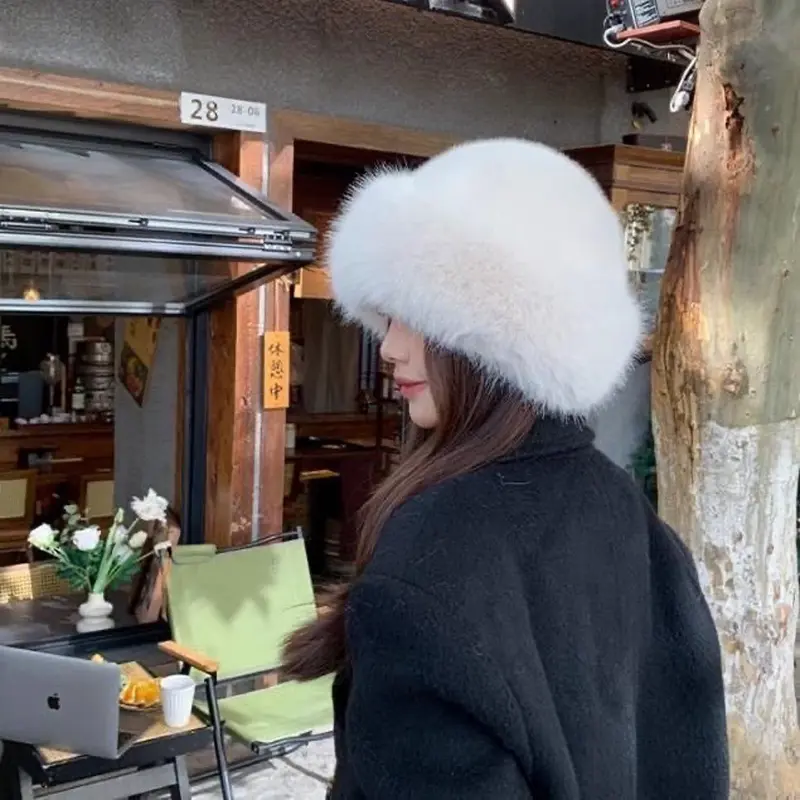 Winter Hat For Women Faux Fur Fluffy Bucket Hat For Women  Plush Mongolian Hat Soft Panama Cap Skiing Riding Warm Caps