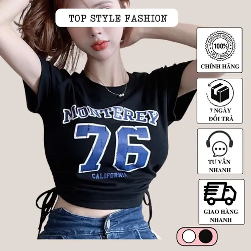 Áo croptop tay ngắn cổ tròn in số kèm chữ độc đáo, áo thun nữ rút dây hai bên eo siêu tôn dáng