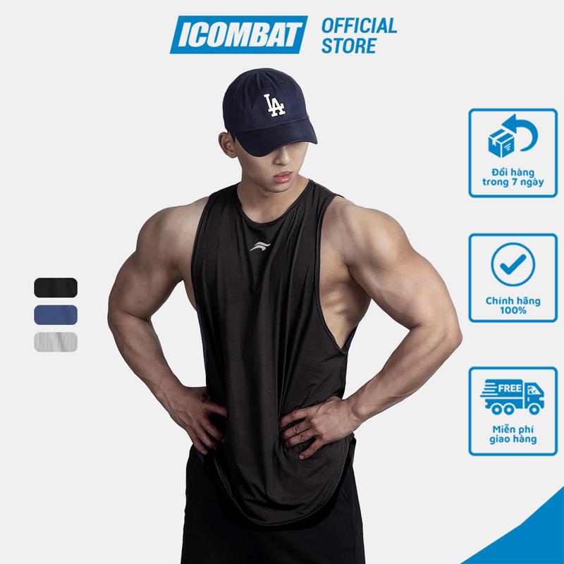 Áo Tank top nam tập gym vạt bầu iCOMBAT áo thun sát nách nam khoét rộng chạy bộ v.3/Đen